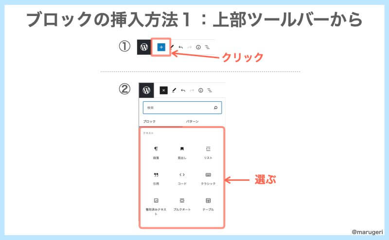 上部ツールバーからブロックを挿入する方法